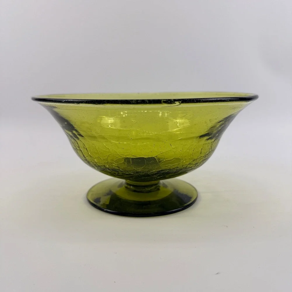 Blenko 931 Chartreuse Green Crackle Glass Footed Bowl Mid Century Modern MCM